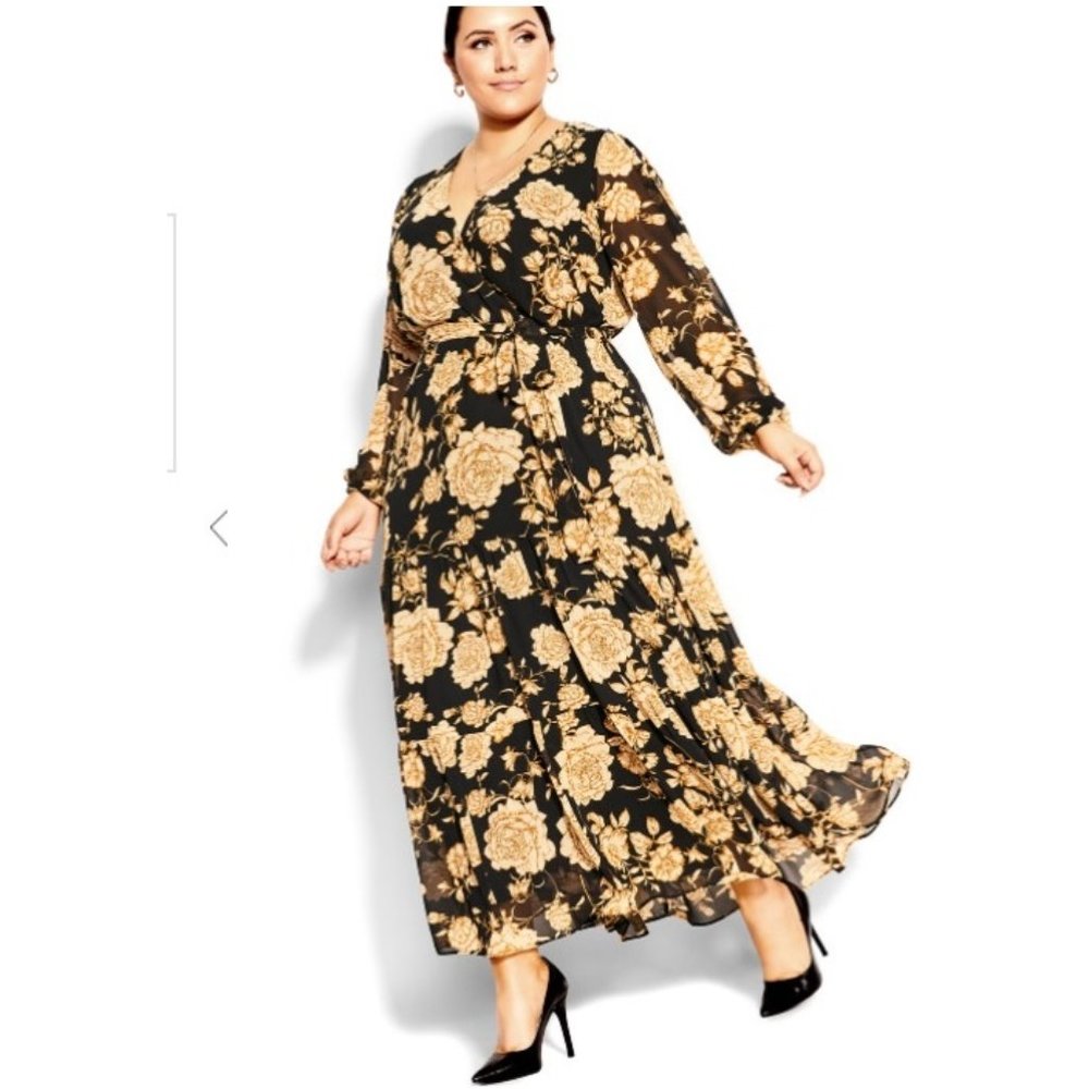AVENUE Plus Size 20 Surplice Luxe Floral Maxi Dress Caramel & Black NWT